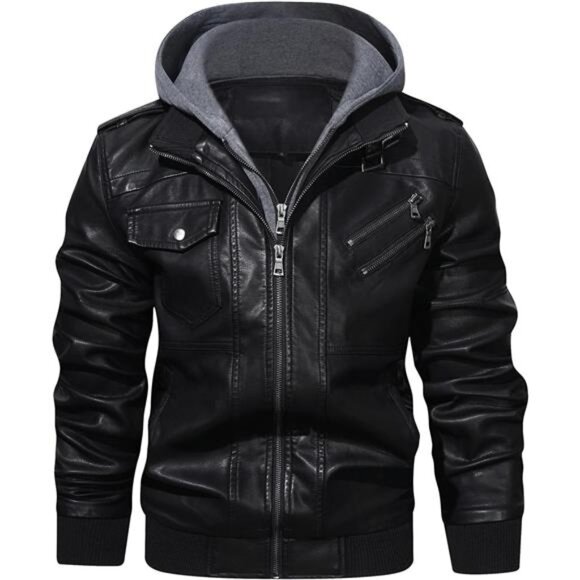 Men’s Casual Stand Collar PU Faux Leather Zip-Up Motorcycle Bomber - Picture 1 of 6